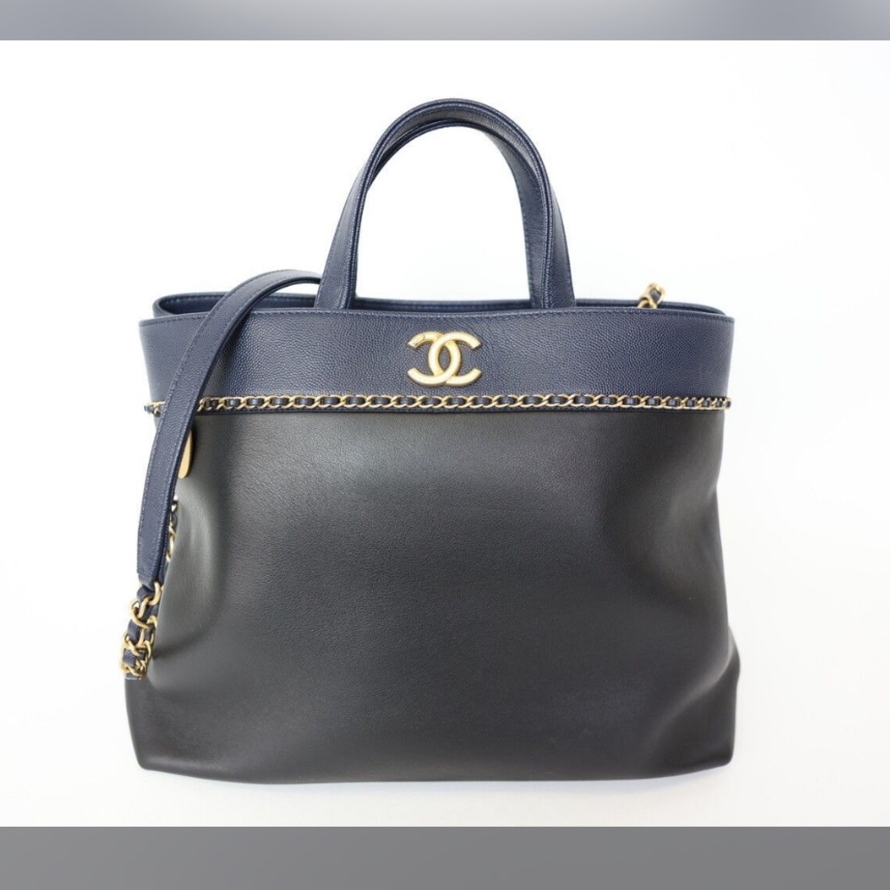Chanel Lovely Chains Shopping Tote Black Navy Lambskin Caviar Gold Hardware